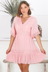 Leelie Mini Dress - Lace Embelished Tiered Dress with Bell Sleeves in Pink