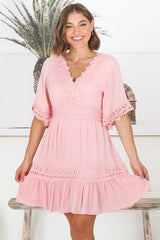 Leelie Mini Dress - Lace Embellished Tiered Dress with Bell Sleeves in Pink