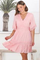 Leelie Mini Dress - Lace Embellished Tiered Dress with Bell Sleeves in Pink