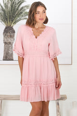 Leelie Mini Dress - Lace Embelished Tiered Dress with Bell Sleeves in Pink