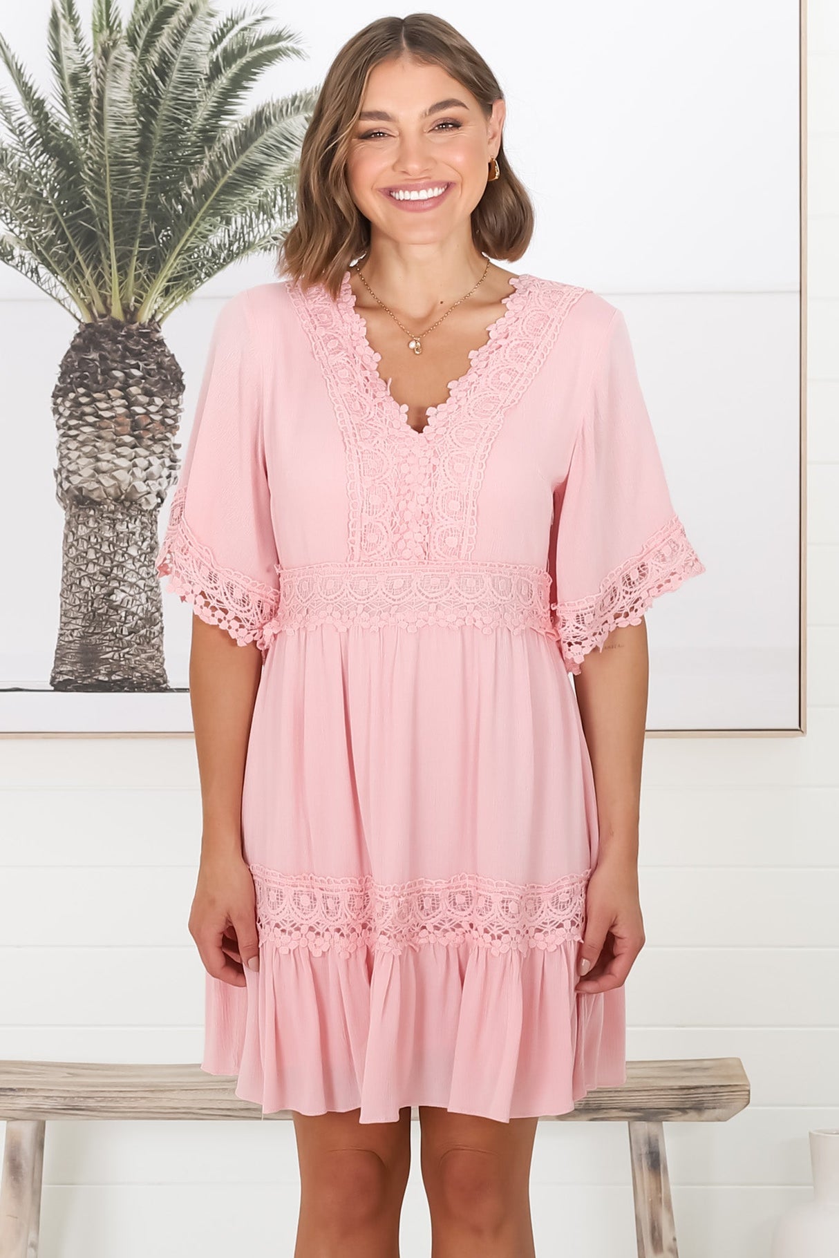 Leelie Mini Dress - Lace Embelished Tiered Dress with Bell Sleeves in Pink