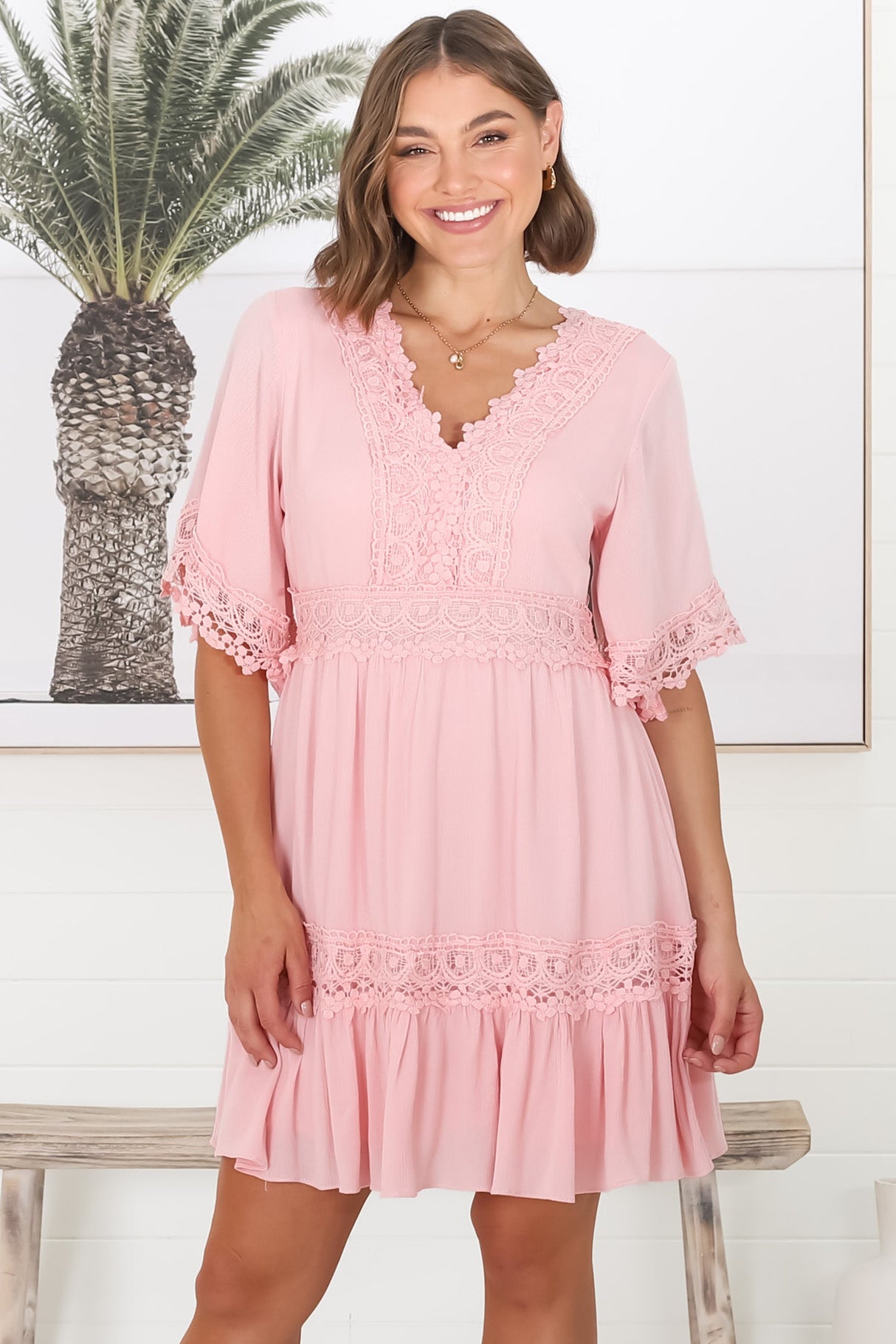 Leelie Mini Dress - Lace Embelished Tiered Dress with Bell Sleeves in Pink