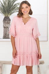 Leelie Mini Dress - Lace Embelished Tiered Dress with Bell Sleeves in Pink