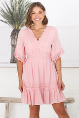 Leelie Mini Dress - Lace Embellished Tiered Dress with Bell Sleeves in Pink