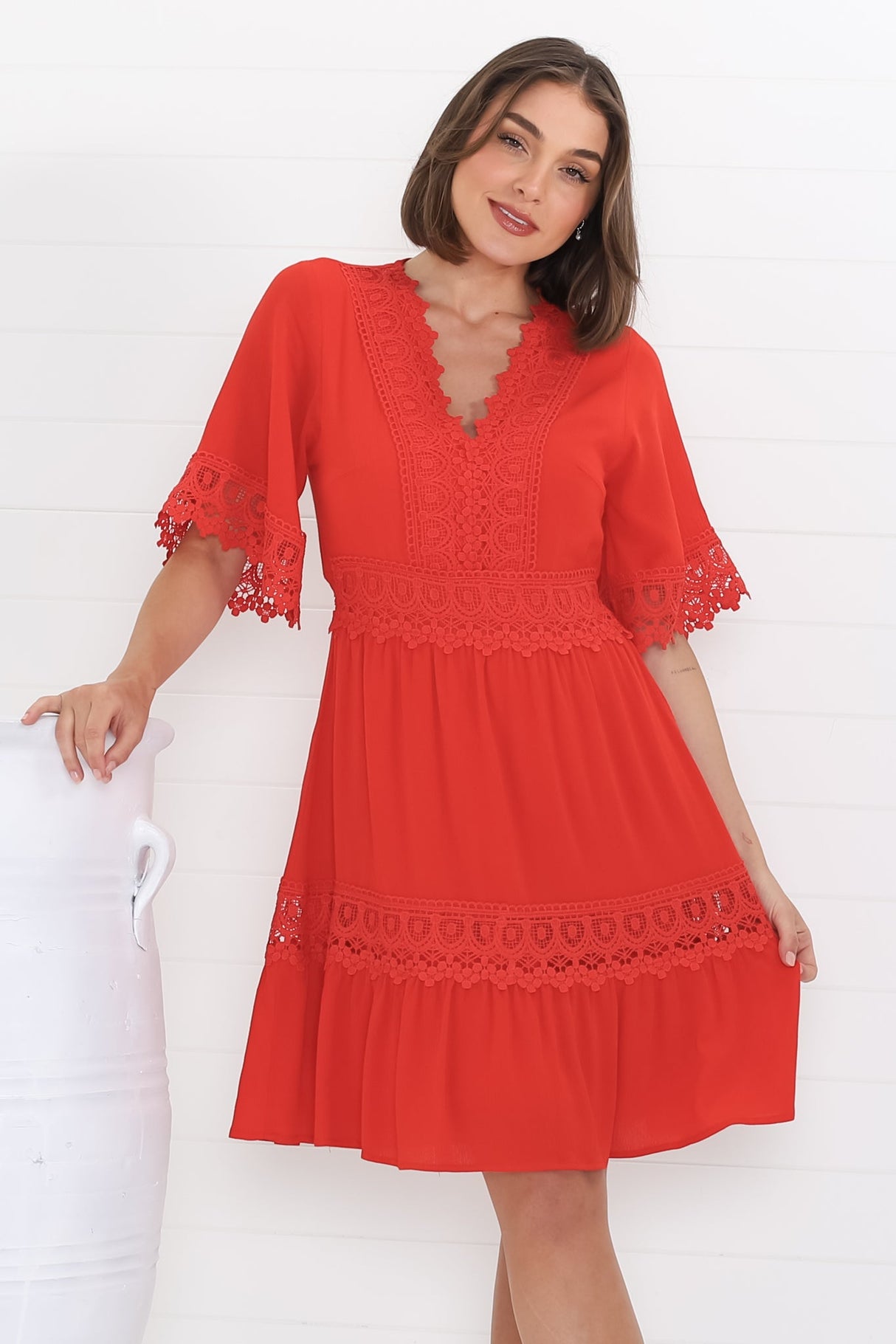 Leelie Mini Dress - Lace Embelished Tiered Dress with Bell Sleeves in Red