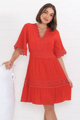 Leelie Mini Dress - Lace Embellished Tiered Dress with Bell Sleeves in Red