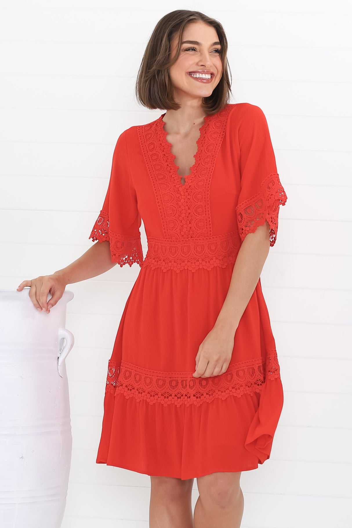 Leelie Mini Dress - Lace Embelished Tiered Dress with Bell Sleeves in Red