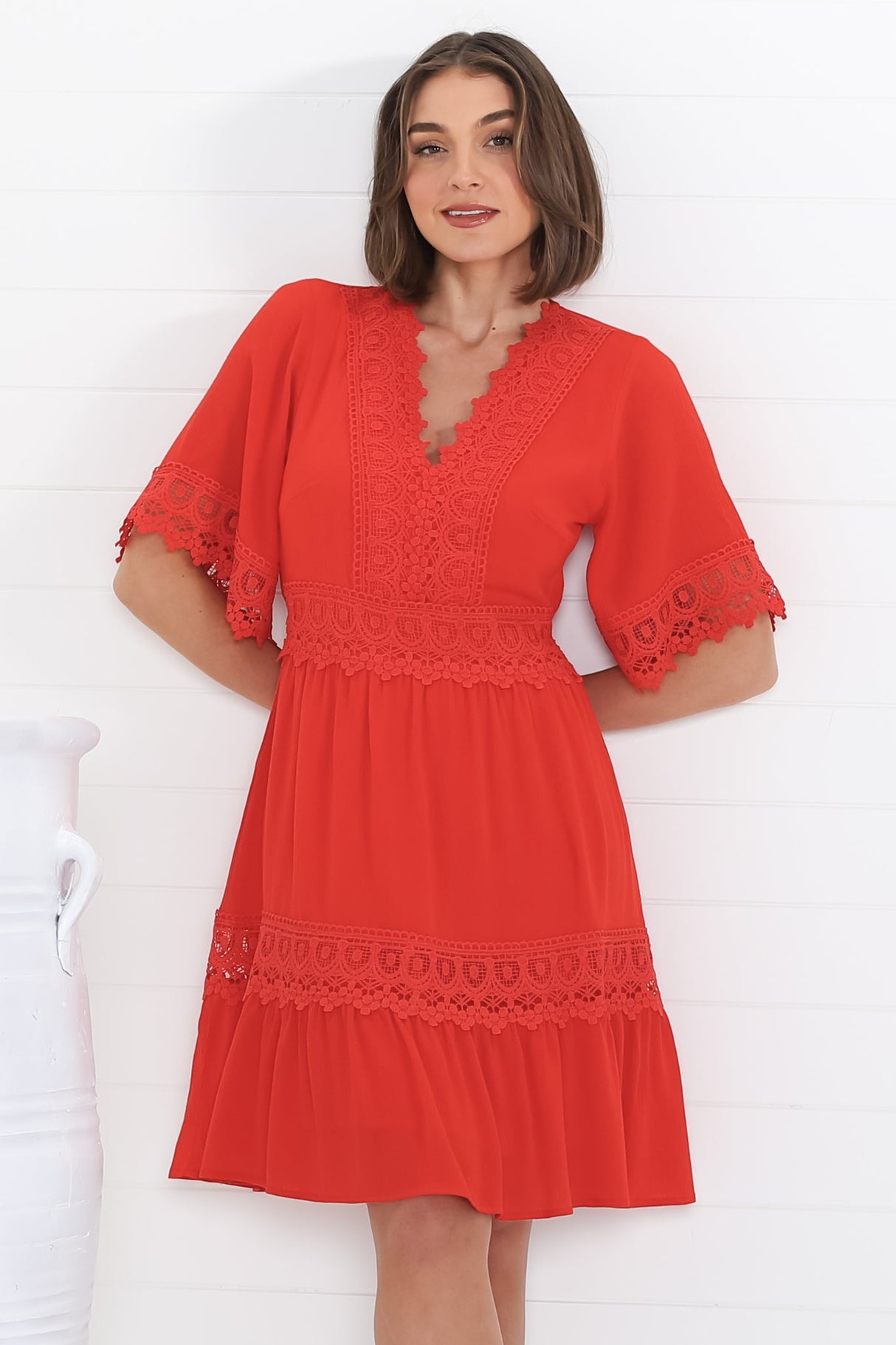 Leelie Mini Dress - Lace Embelished Tiered Dress with Bell Sleeves in Red