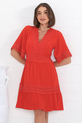 Leelie Mini Dress - Lace Embellished Tiered Dress with Bell Sleeves in Red