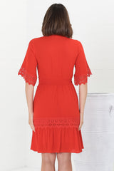 Leelie Mini Dress - Lace Embellished Tiered Dress with Bell Sleeves in Red