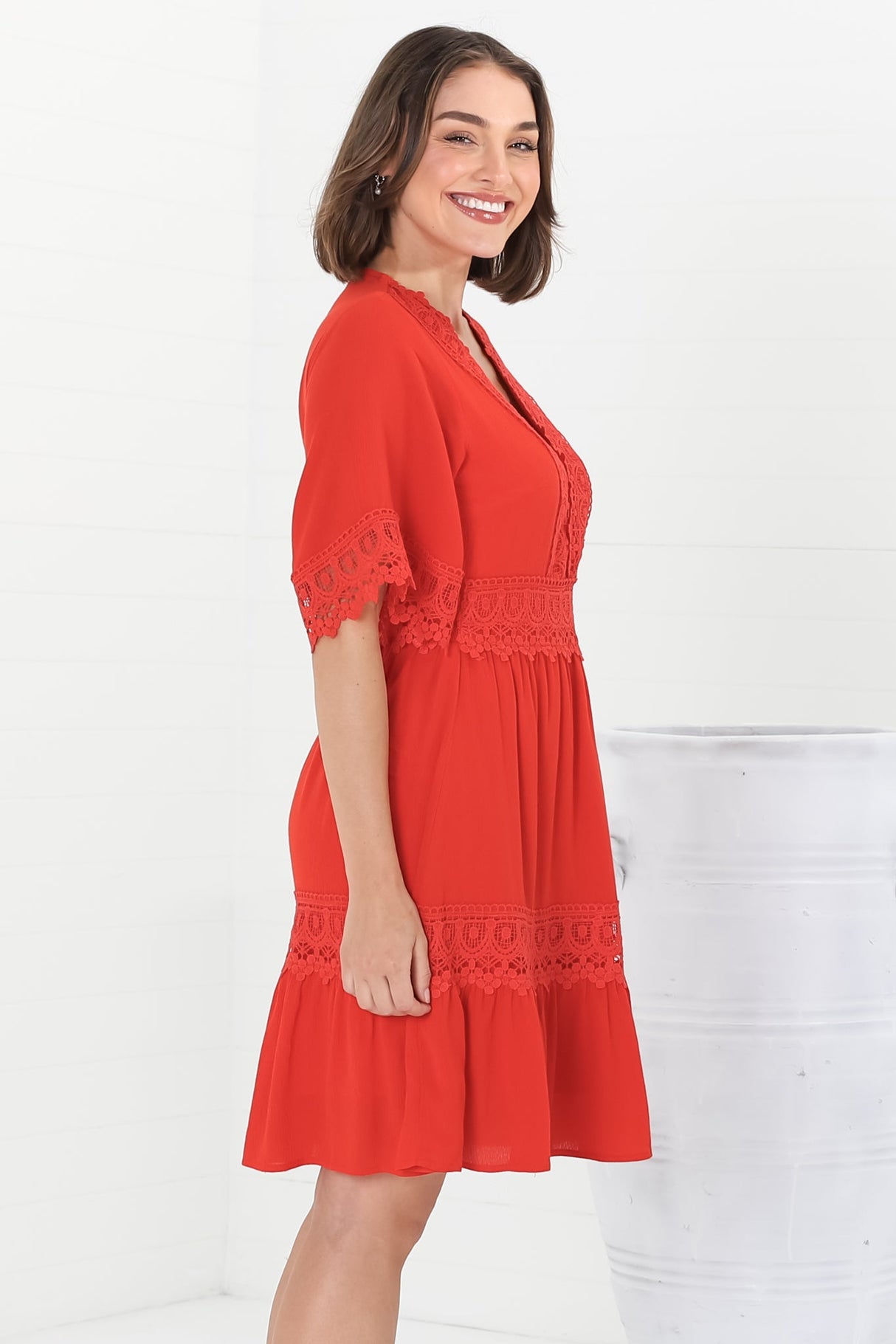 Leelie Mini Dress - Lace Embellished Tiered Dress with Bell Sleeves in Red