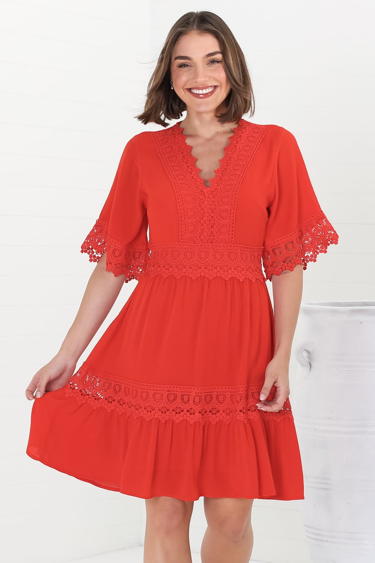 Leelie Mini Dress - Lace Embellished Tiered Dress with Bell Sleeves in Red