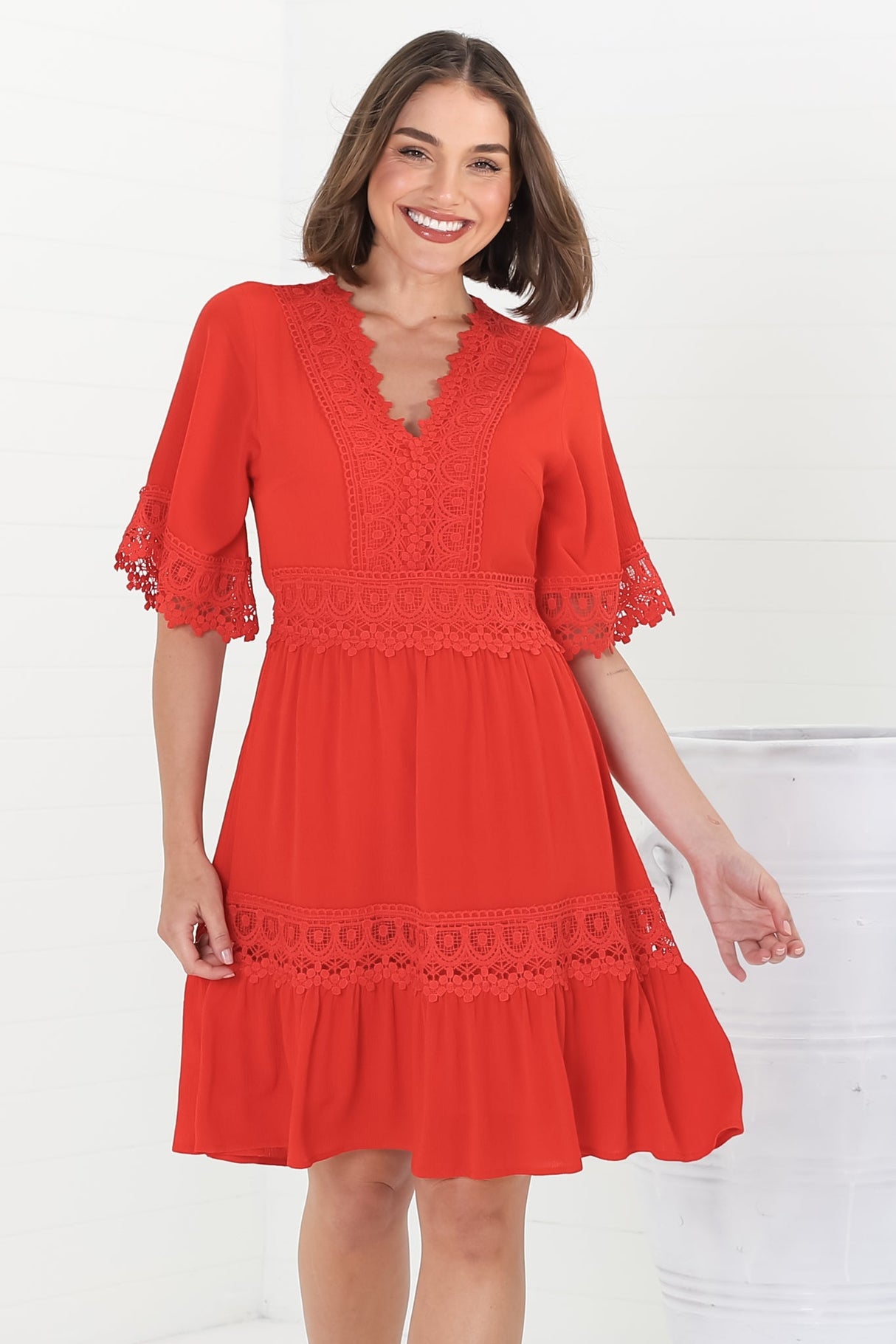 Leelie Mini Dress - Lace Embellished Tiered Dress with Bell Sleeves in Red