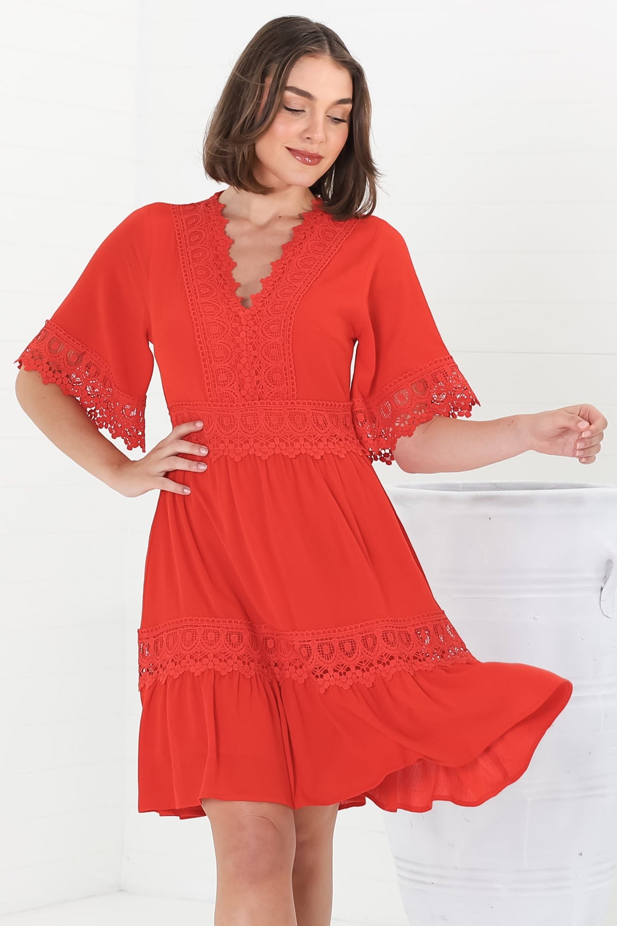 Leelie Mini Dress - Lace Embellished Tiered Dress with Bell Sleeves in Red