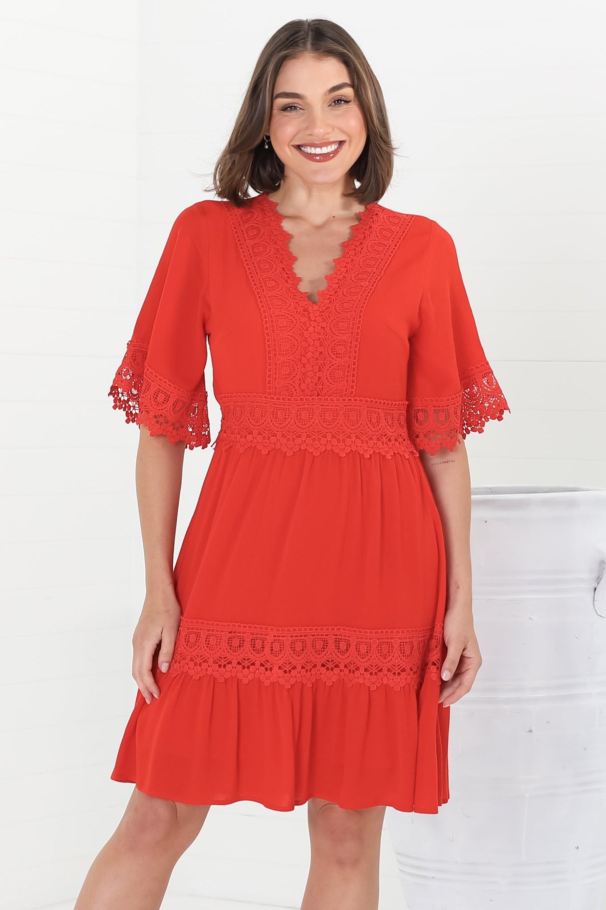 Leelie Mini Dress - Lace Embellished Tiered Dress with Bell Sleeves in Red