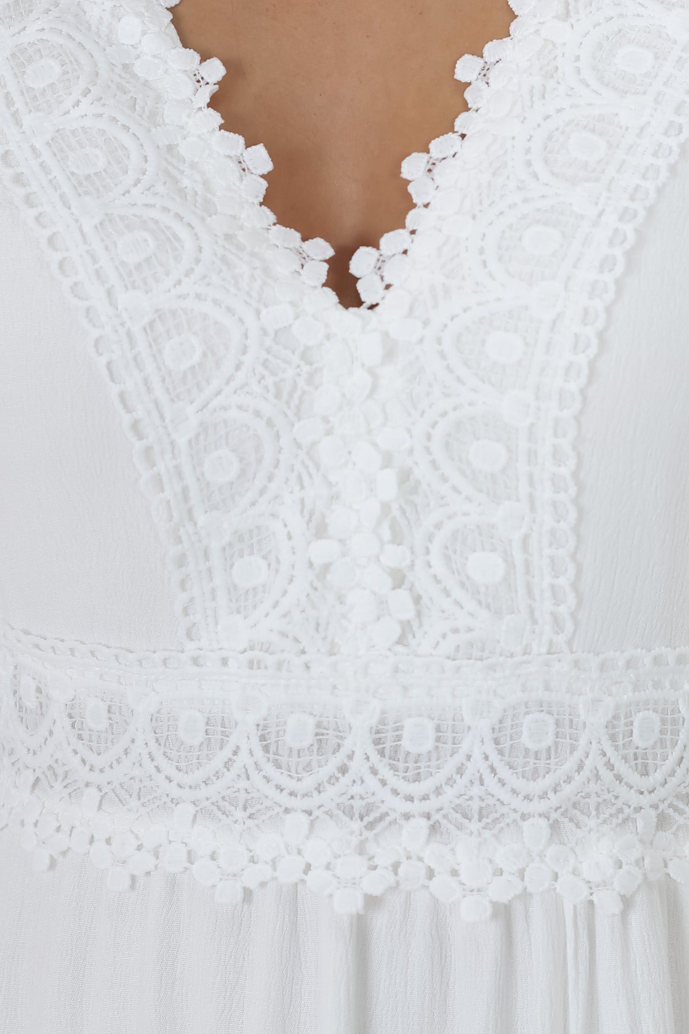 Leelie Mini Dress - Lace Embelished Tiered Dress with Bell Sleeves in White