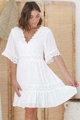 Leelie Mini Dress - Lace Embellished Tiered Dress with Bell Sleeves in White