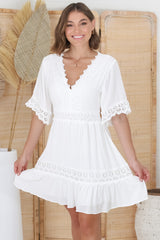 Leelie Mini Dress - Lace Embellished Tiered Dress with Bell Sleeves in White