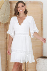 Leelie Mini Dress - Lace Embellished Tiered Dress with Bell Sleeves in White