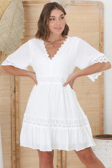 Leelie Mini Dress - Lace Embellished Tiered Dress with Bell Sleeves in White