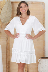 Leelie Mini Dress - Lace Embellished Tiered Dress with Bell Sleeves in White