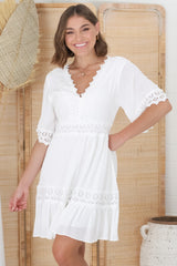 Leelie Mini Dress - Lace Embelished Tiered Dress with Bell Sleeves in White