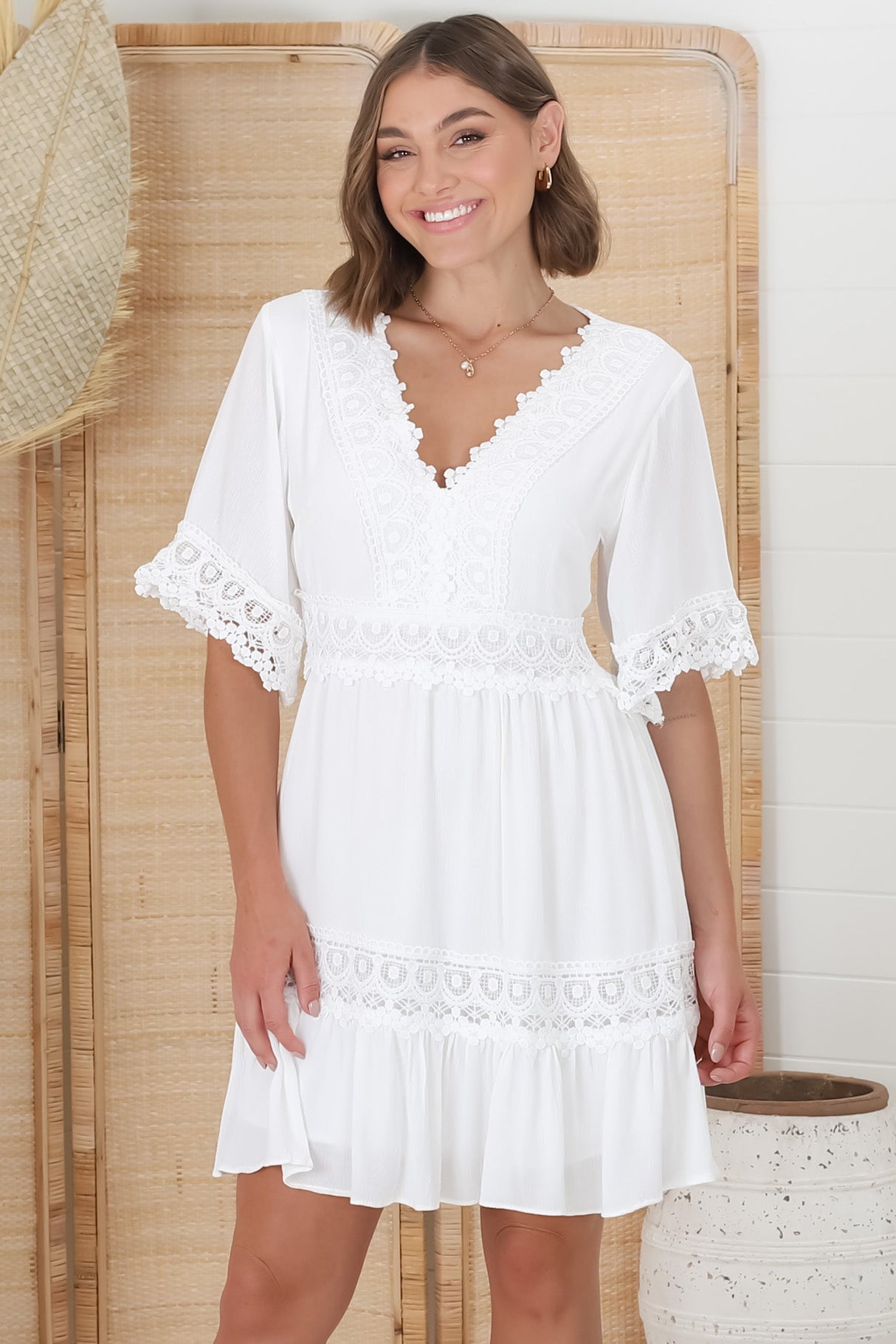 Leelie Mini Dress - Lace Embellished Tiered Dress with Bell Sleeves in White