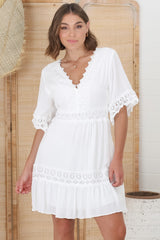 Leelie Mini Dress - Lace Embellished Tiered Dress with Bell Sleeves in White