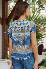 JAASE - Leema Top: Button Down Short Sleeves with Ties Top in Saphire Sands Print