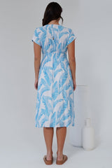 Leigh Midi Dress - V-Neck Button Down A-Line Dress in Malibu Print Blue