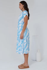 Leigh Midi Dress - V-Neck Button Down A-Line Dress in Malibu Print Blue