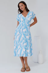 Leigh Midi Dress - V-Neck Button Down A-Line Dress in Malibu Print Blue