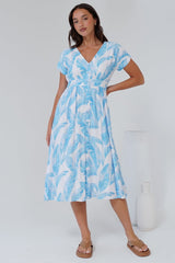 Leigh Midi Dress - V-Neck Button Down A-Line Dress in Malibu Print Blue