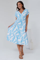 Leigh Midi Dress - V-Neck Button Down A-Line Dress in Malibu Print Blue