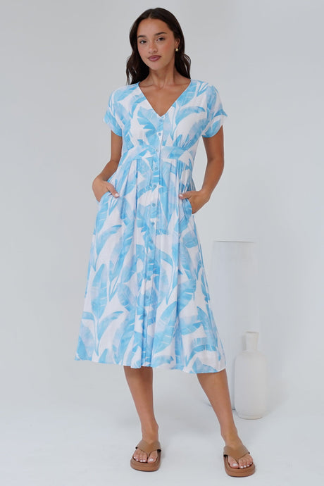 Leigh Midi Dress - V-Neck Button Down A-Line Dress in Malibu Print Blue