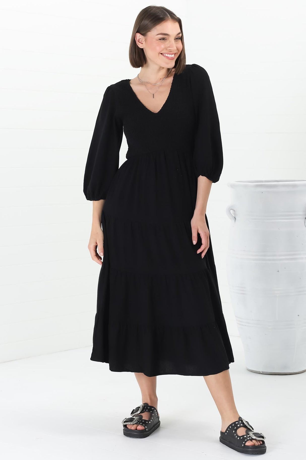 Lellah Midi Dress - Shirred Bodice Soft V Neck Tiered Dress in Black