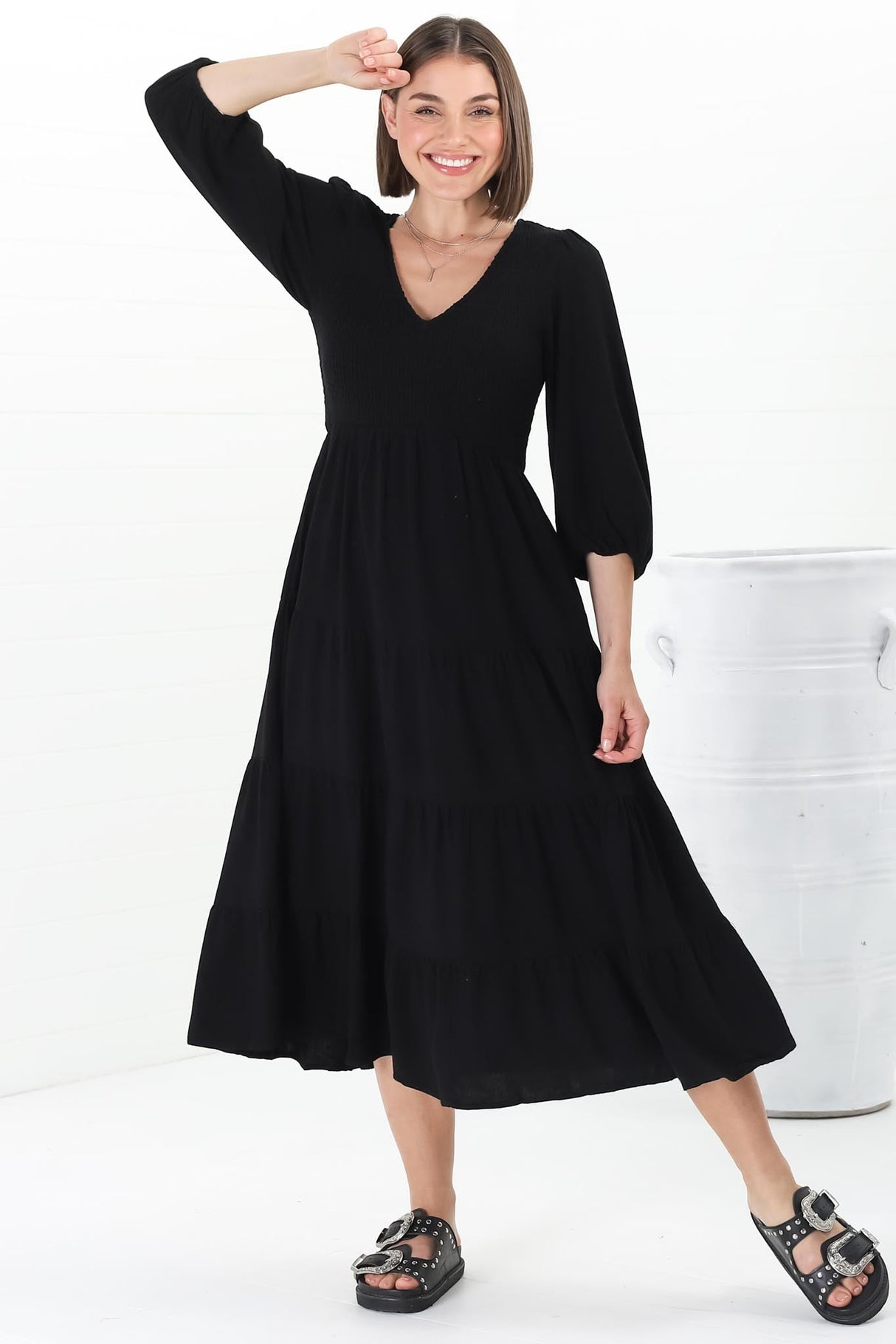 Lellah Midi Dress - Shirred Bodice Soft V Neck Tiered Dress in Black