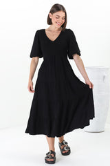 Lellah Midi Dress - Shirred Bodice Soft V Neck Tiered Dress in Black