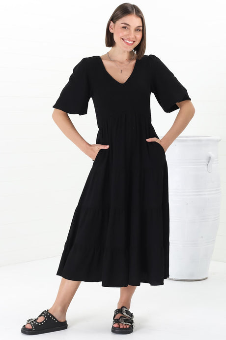 Lellah Midi Dress - Shirred Bodice Soft V Neck Tiered Dress in Black