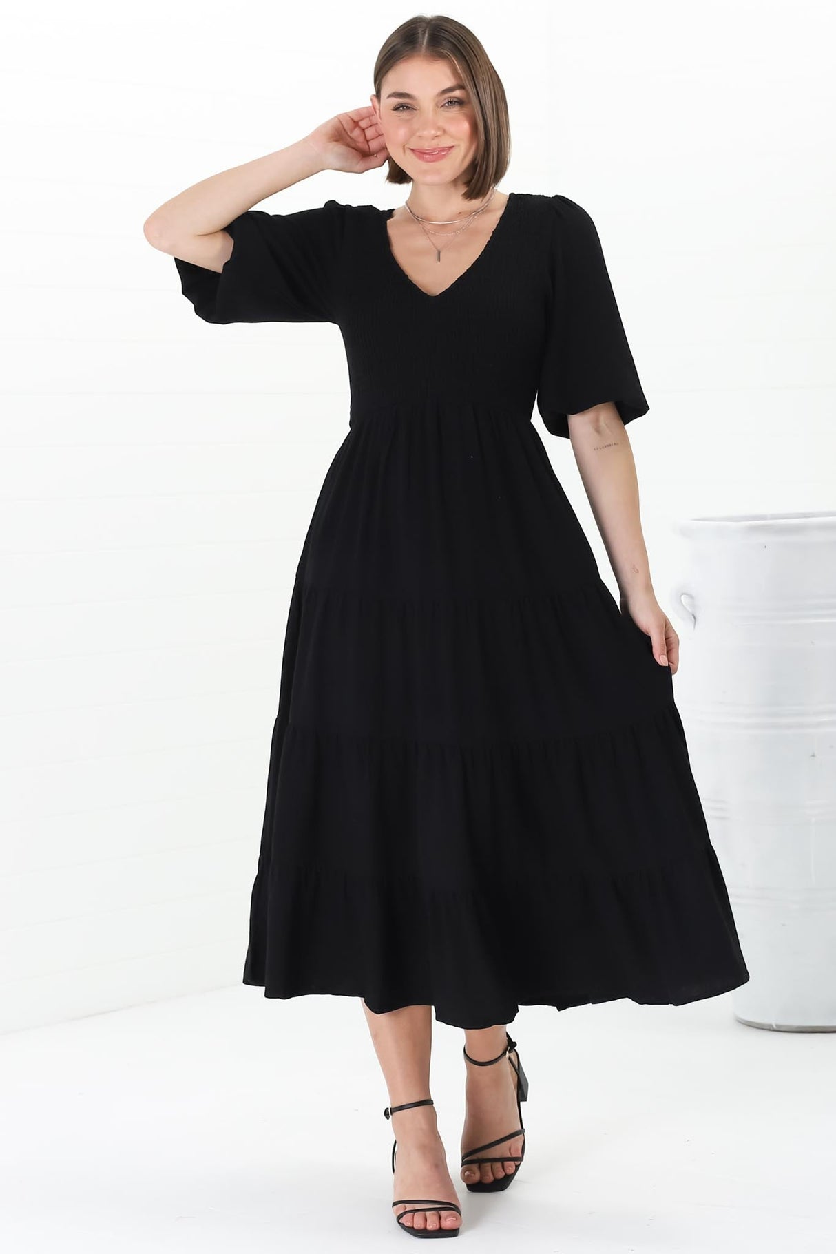 Lellah Midi Dress - Shirred Bodice Soft V Neck Tiered Dress in Black