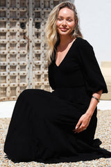 Lellah Midi Dress - Shirred Bodice Soft V Neck Tiered Dress in Black