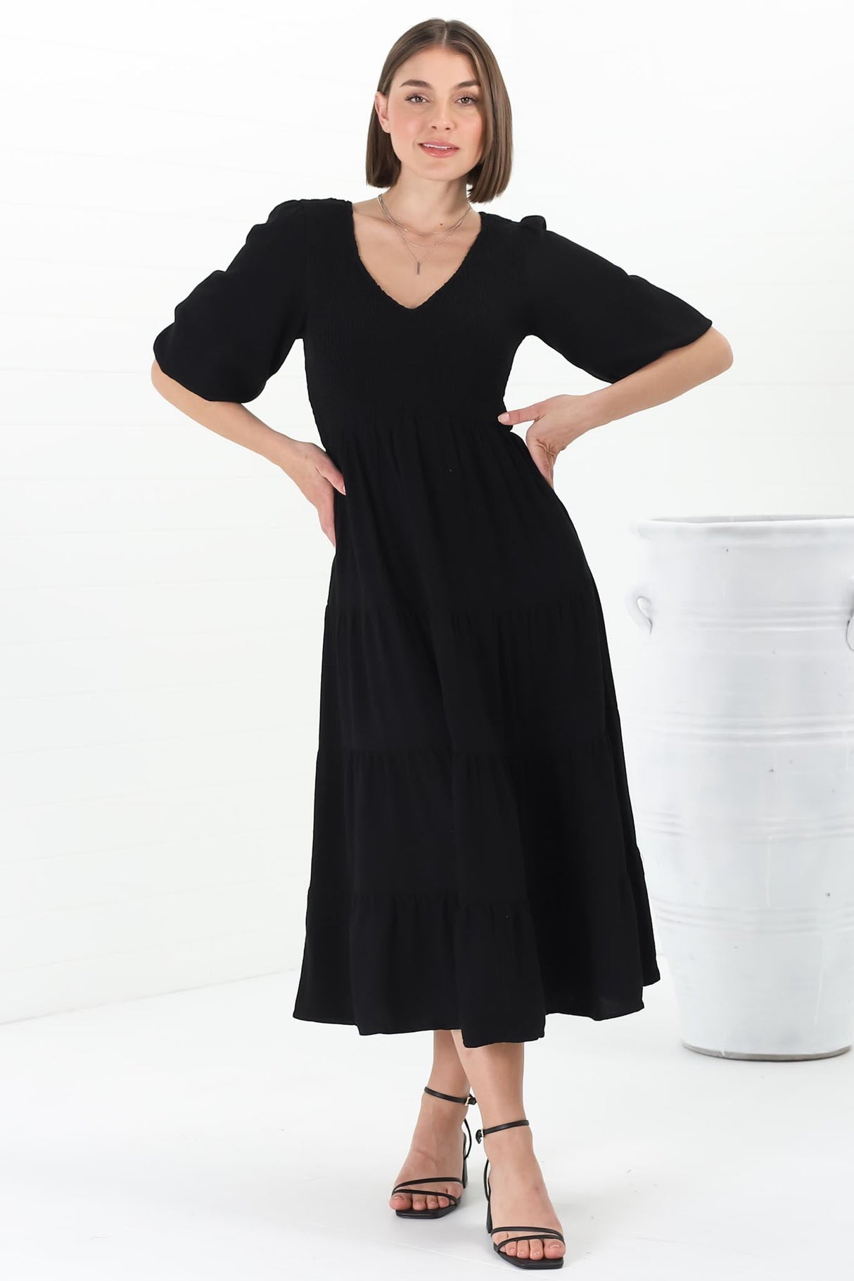 Lellah Midi Dress - Shirred Bodice Soft V Neck Tiered Dress in Black