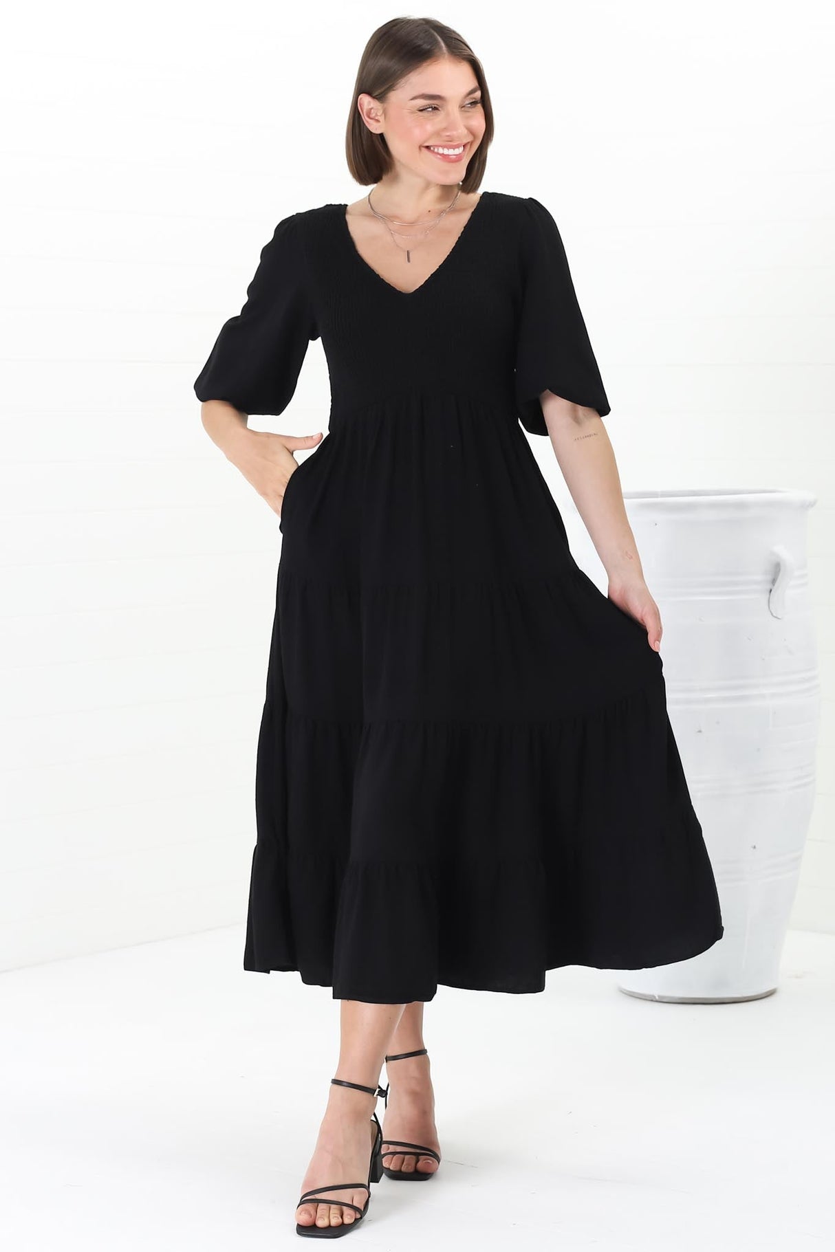 Lellah Midi Dress - Shirred Bodice Soft V Neck Tiered Dress in Black