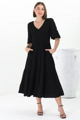 Lellah Midi Dress - Shirred Bodice Soft V Neck Tiered Dress in Black