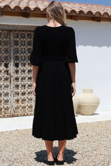 Lellah Midi Dress - Shirred Bodice Soft V Neck Tiered Dress in Black