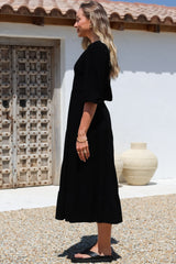 Lellah Midi Dress - Shirred Bodice Soft V Neck Tiered Dress in Black
