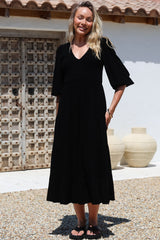 Lellah Midi Dress - Shirred Bodice Soft V Neck Tiered Dress in Black