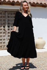 Lellah Midi Dress - Shirred Bodice Soft V Neck Tiered Dress in Black