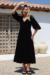 Lellah Midi Dress - Shirred Bodice Soft V Neck Tiered Dress in Black