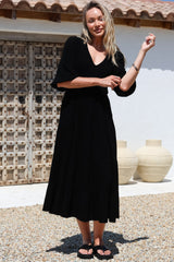 Lellah Midi Dress - Shirred Bodice Soft V Neck Tiered Dress in Black